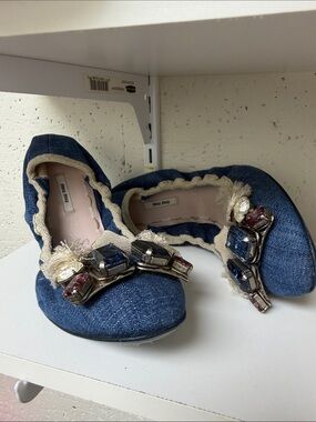 Miu Miu Denim Jeweled Ballet Flats in Blue
